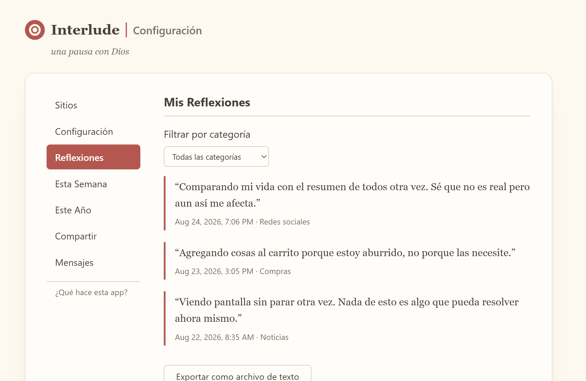 La lista privada de reflexiones de Interlude, con notas breves y honestas ligadas a la categoría de cada sitio